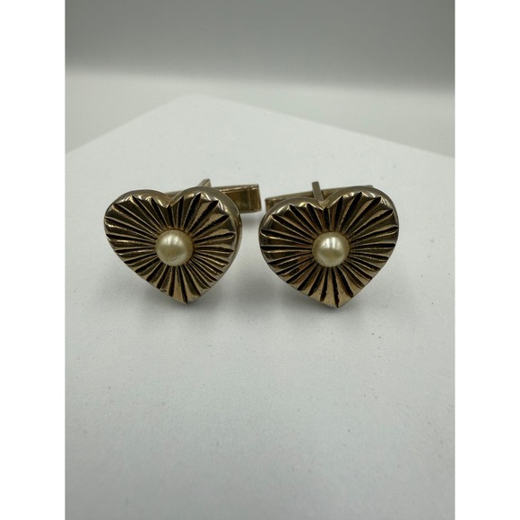Other - Vintage Gold Tone Heart Faux Pearl‎ Sunburst Textured Cufflinks Toggle Back